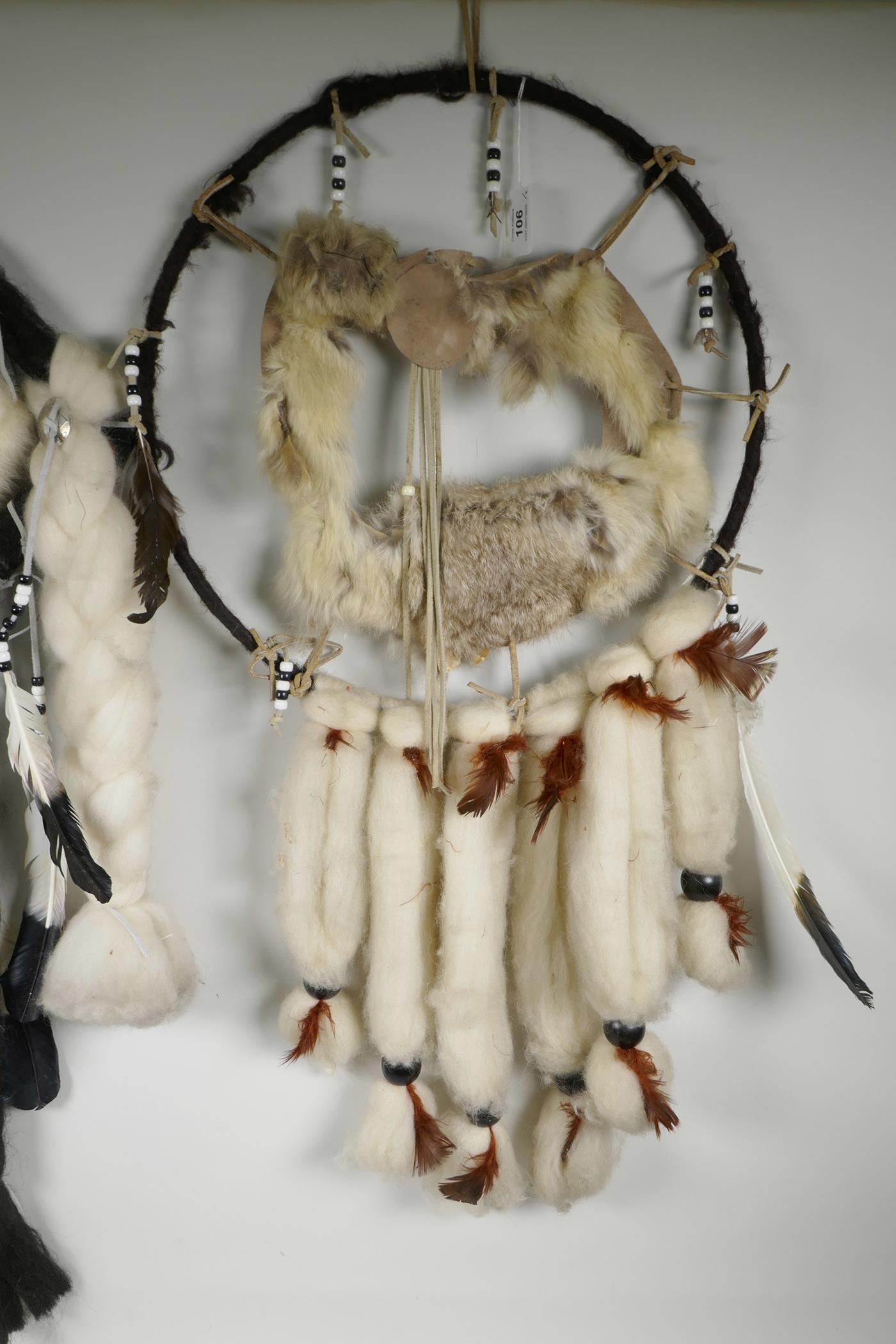 Two large North American First Nation fur, wool and feather dream catchers, largest 30" - Image 3 of 3