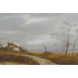 Winter landscape with track leading to an isolated, thatched cottage, C19th oil on canvas, 9" x 5½"