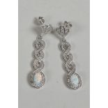 A pair of silver, cubic zirconium and opalite set Art Deco style drop earrings, 1½" drop