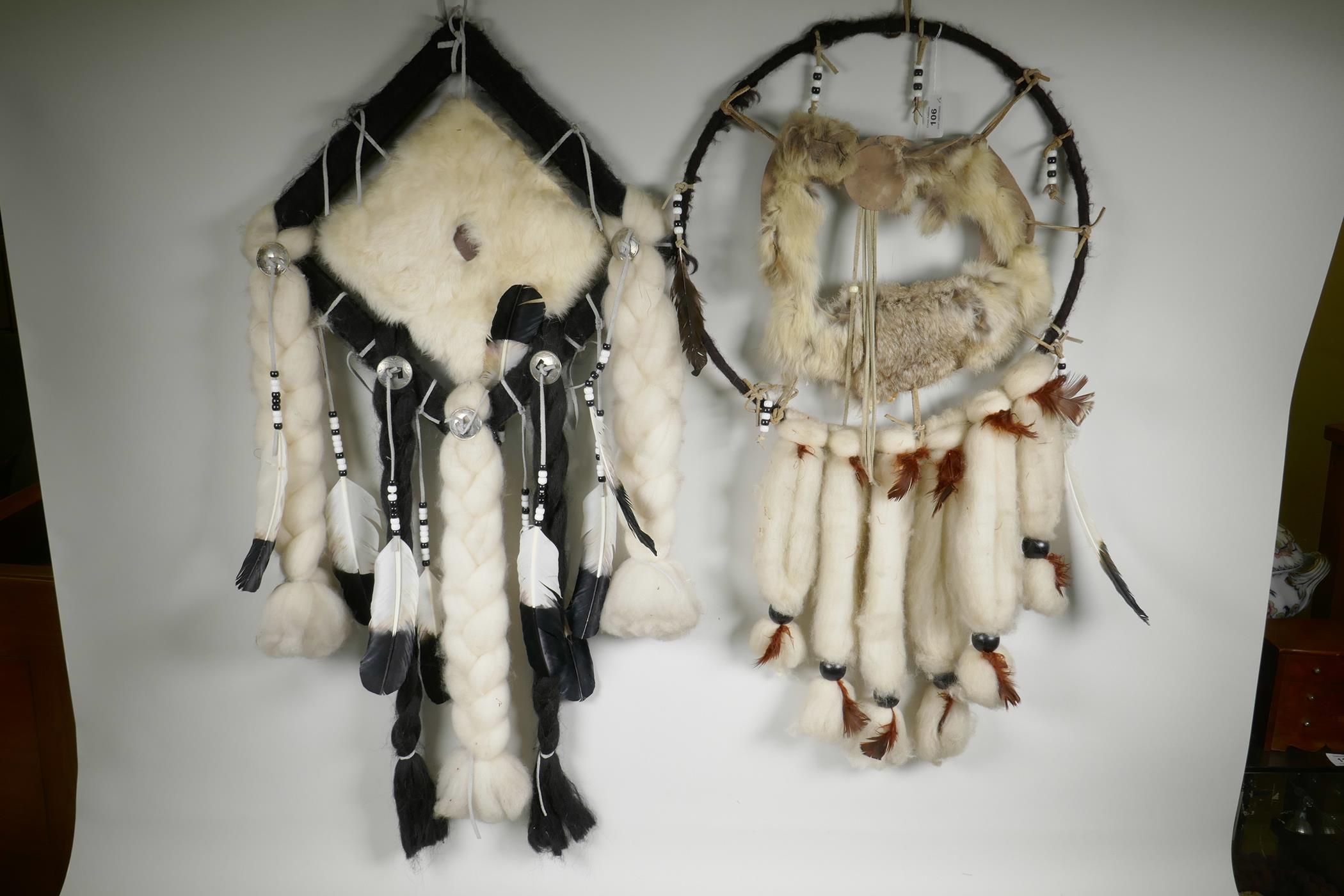 Two large North American First Nation fur, wool and feather dream catchers, largest 30"