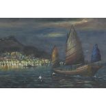 Matthew Hu, junks in the bay of Hong Kong with a peak in the background, circa 1950, oil on board,