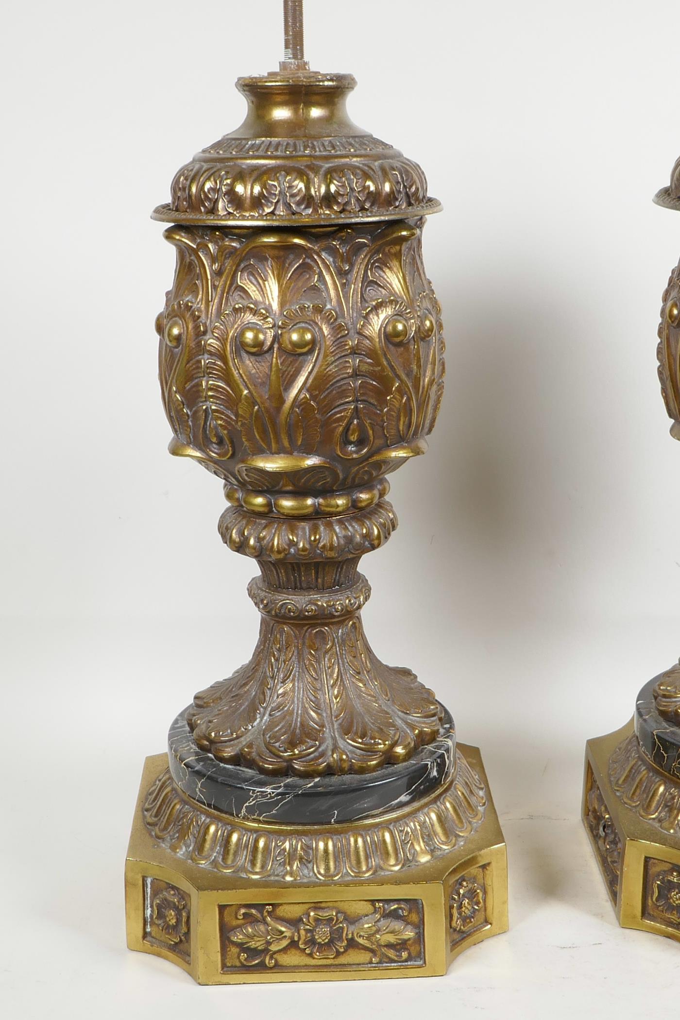 A pair of ornate urn shaped gilt spelter lamp bases, 17" high to top of urn - Image 2 of 4