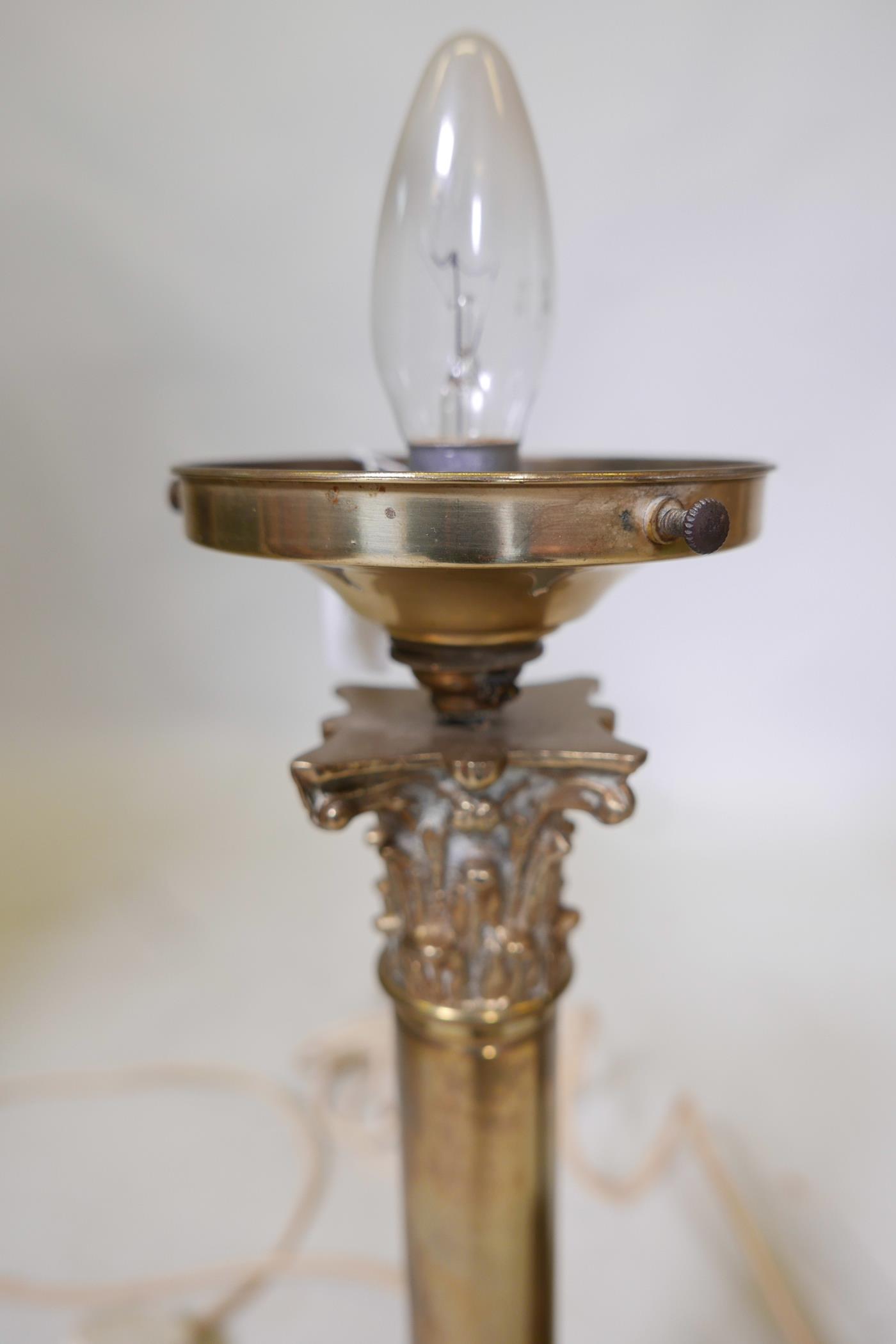 Three C19th brass Corinthian column table lamps, 15" high x 6" wide, A/F - Image 3 of 4