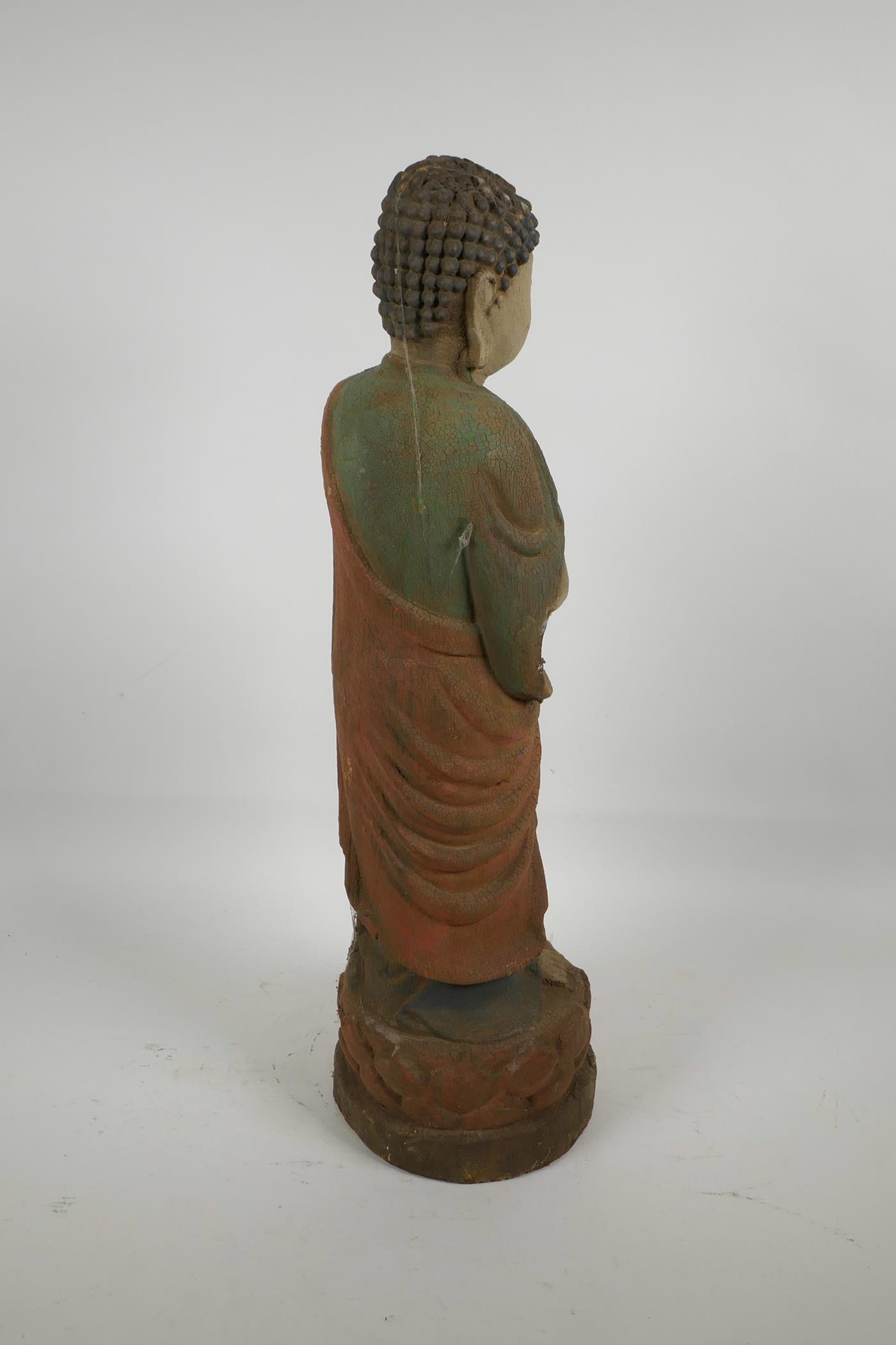 A Chinese carved wood Buddha with cracked polychrome paintwork, 22" high - Image 3 of 4