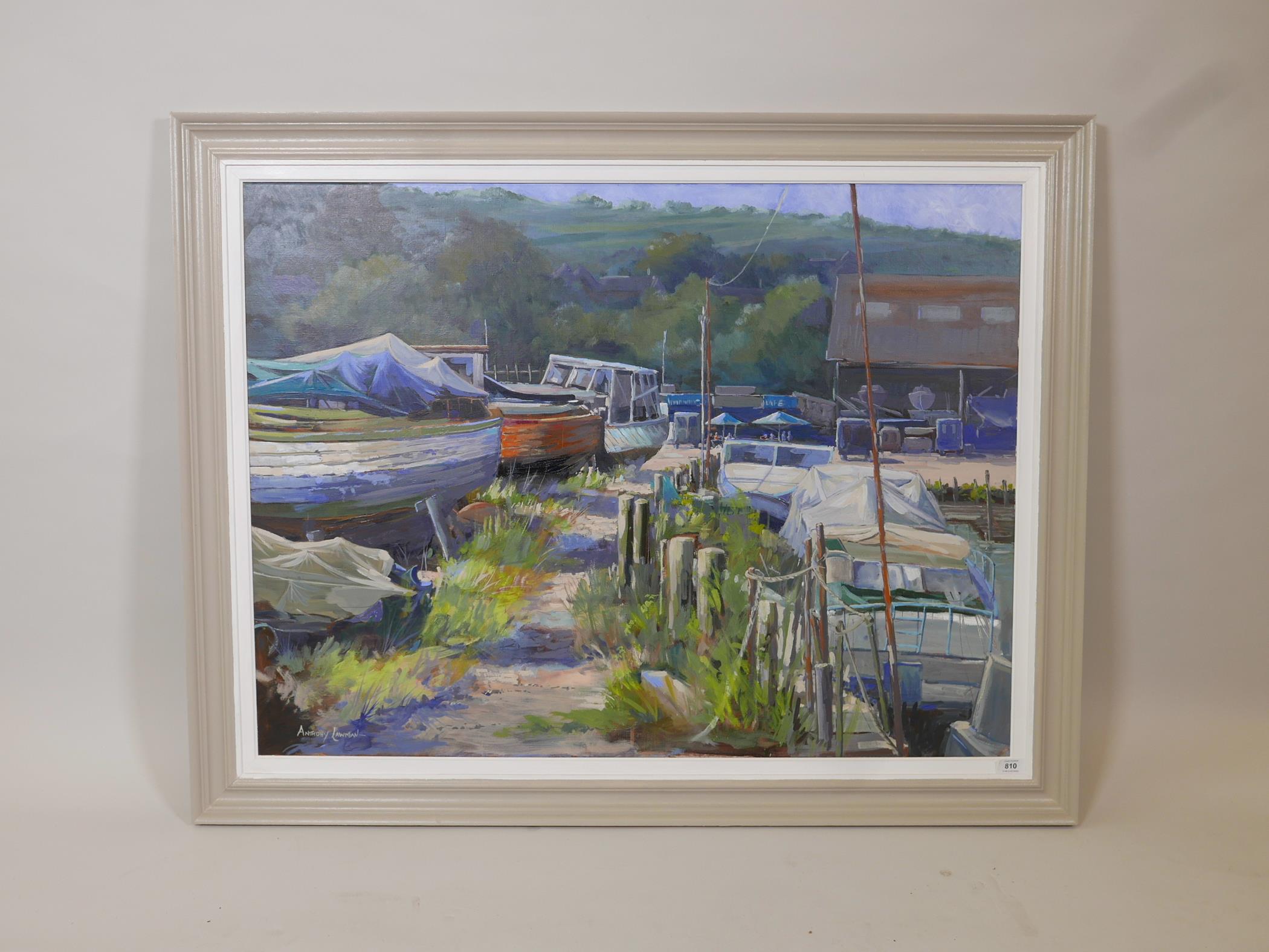 Anthony Lawman (British, b.1943), 'Boats in the Marina', signed lower left, oil on canvas, 30" x 40" - Image 3 of 5