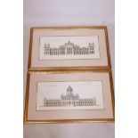 A pair of architectural hand coloured prints after the original, depicting side elevations of