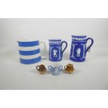 A variety of porcelain and stoneware including two C19th Adams Tunstall Jasperware blue and white