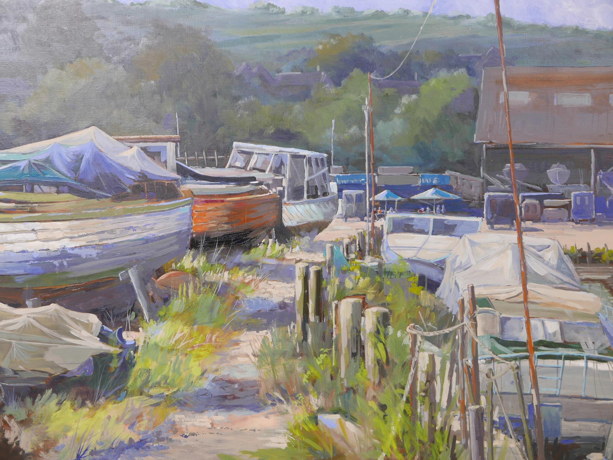 Anthony Lawman (British, b.1943), 'Boats in the Marina', signed lower left, oil on canvas, 30" x 40" - Image 2 of 5