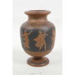 A Greek Attic style red earthenware vase decorated with classical dancing figures, 5" high