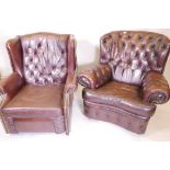 A brown leather buttoned wing back armchair and a similar recliner, 36" high