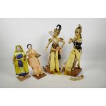 Two Thai wax costume dolls of dancers, 15" high, and two Indian fabric costume dolls