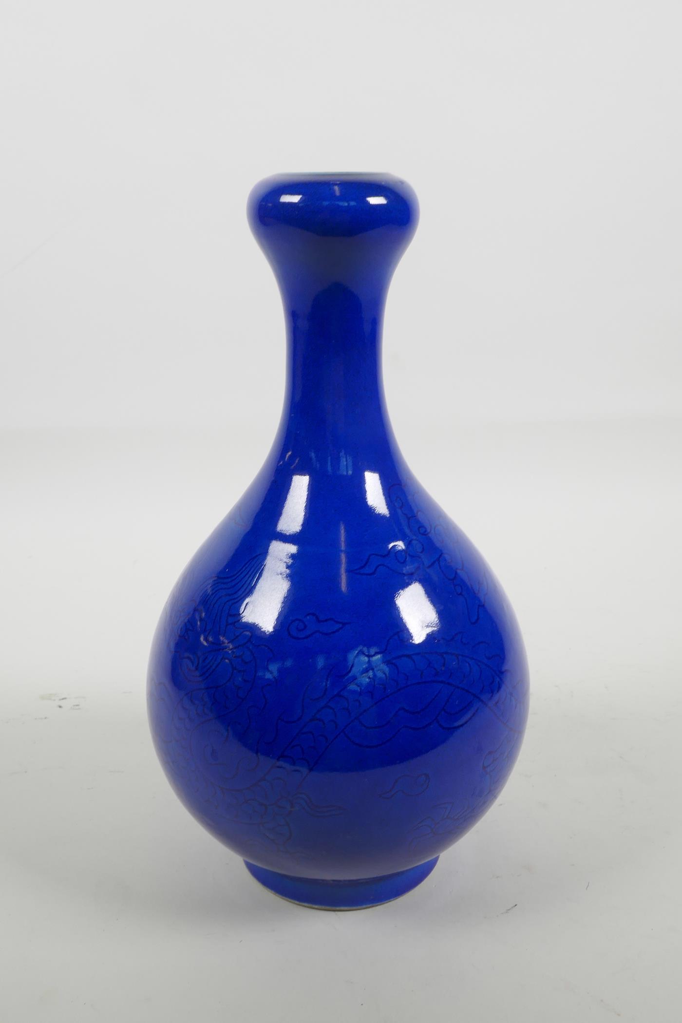 A Chinese blue glazed porcelain garlic head shaped vase with incised dragon decoration, 6 - Image 2 of 4