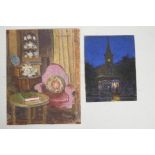 Interior scene, signed P.W. Adam, and street scene at night, largest 13" x 10"