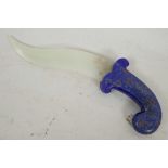 A Persian jade ceremonial dagger with carved and bejewelled lapis stone handle, 8¼" long
