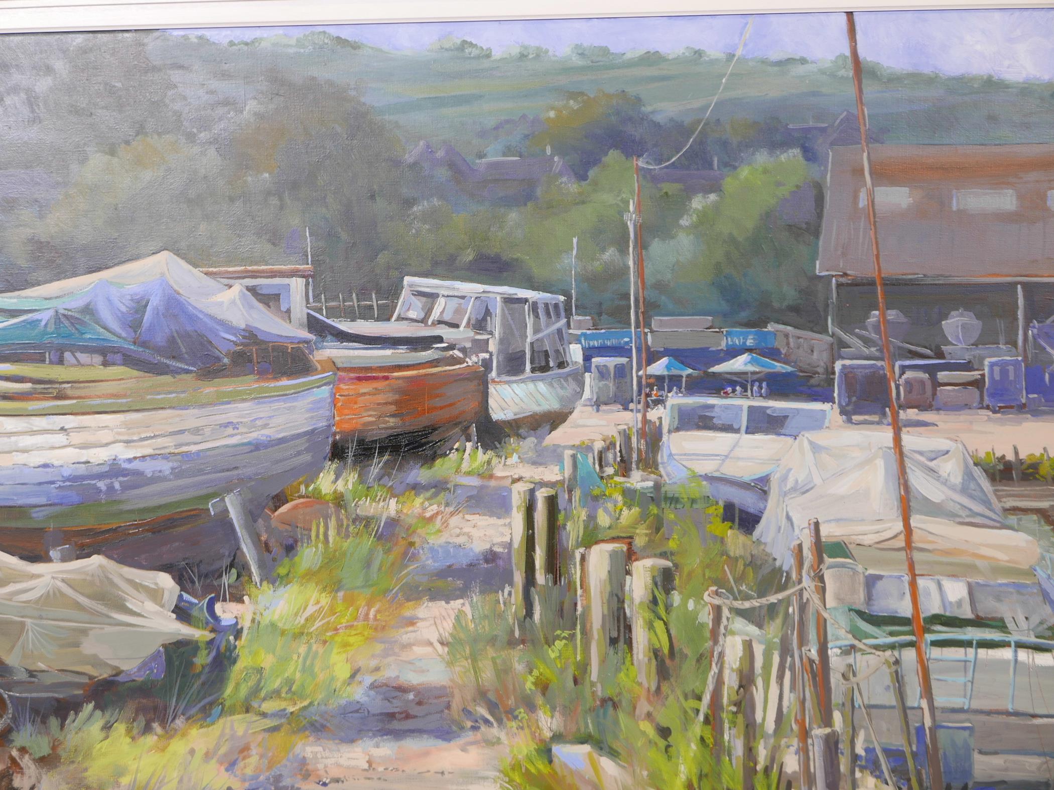 Anthony Lawman (British, b.1943), 'Boats in the Marina', signed lower left, oil on canvas, 30" x 40"