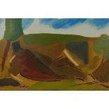 Abstract study of a figure reclining in a landscape, indistinctly signed, oil on board, 9" x 14"