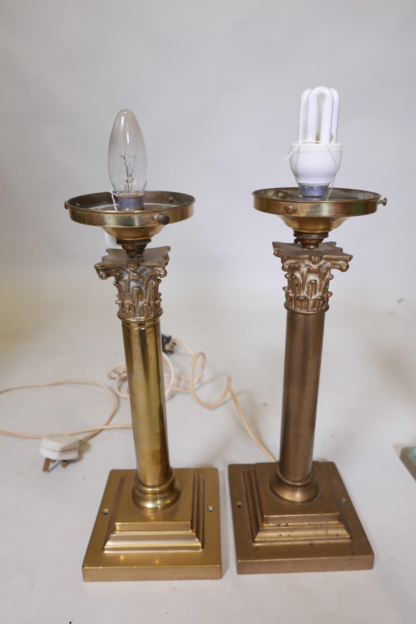 Three C19th brass Corinthian column table lamps, 15" high x 6" wide, A/F - Image 2 of 4