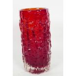 A Whitefriars glass dark red tree bark vase, 9" high, A/F manufacturing fault