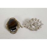 A floral silver brooch set with diamond clips, together with a Victorian gilt metal and agate brooch