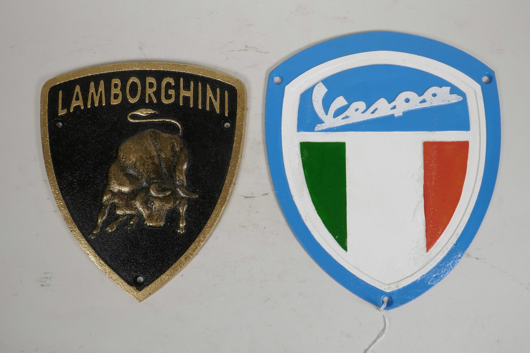 Two novelty painted cast metal automotive plaques, Vespa and Lamborghini, 7½" x 8½"