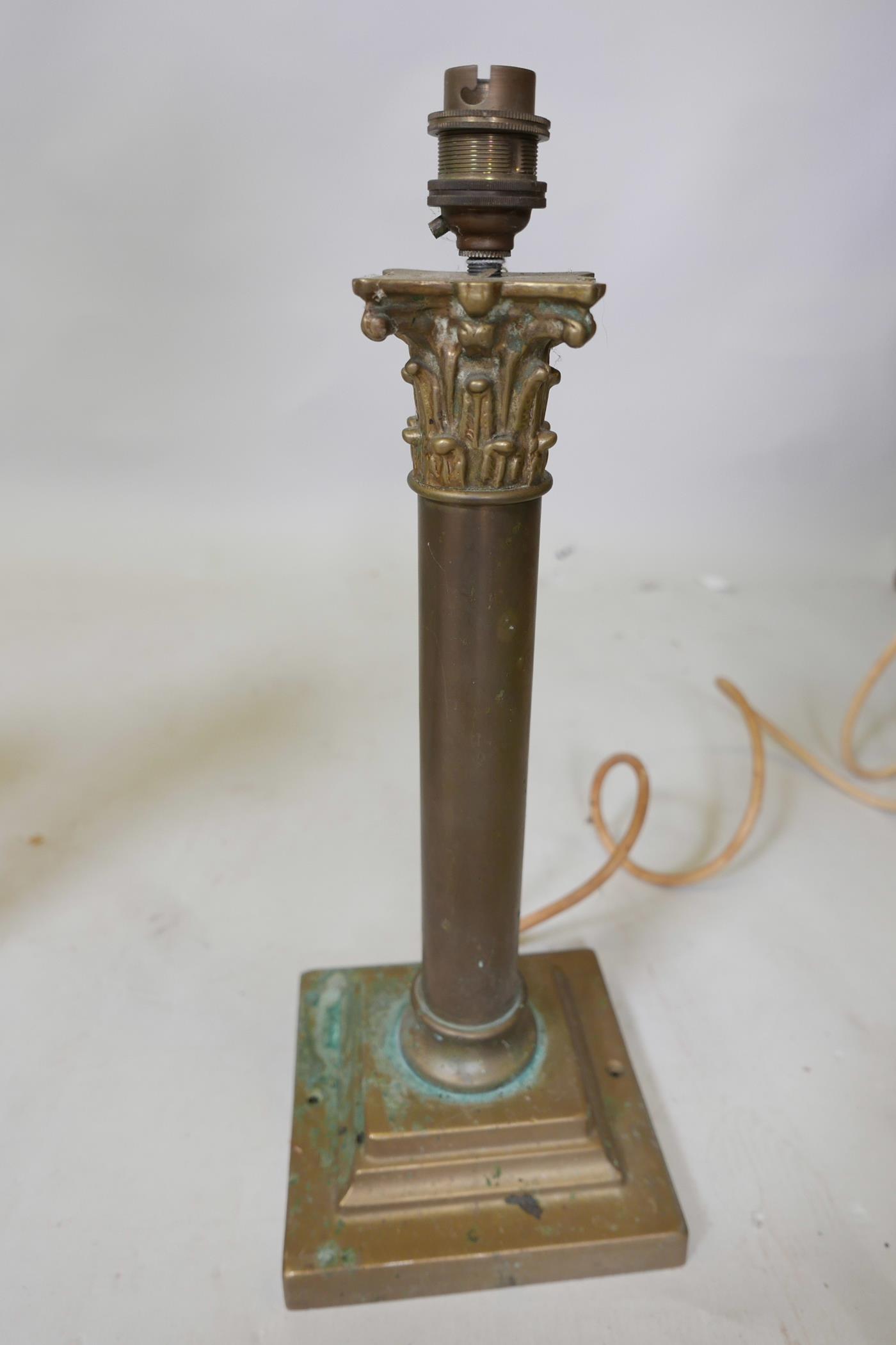 Three C19th brass Corinthian column table lamps, 15" high x 6" wide, A/F - Image 4 of 4