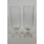A pair of cut glass hurricane vases , 13" high x 4½" diameter