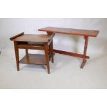 A teak side table with pierced end supports, 16" x 42" x 25", and a mahogany two tier Chinese