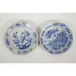 Two Chinese blue and white porcelain cabinet plates decorated with birds and flowers, and