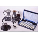 A box of metalware including Japanese incensor, C19th trivet, pewter tappet etc