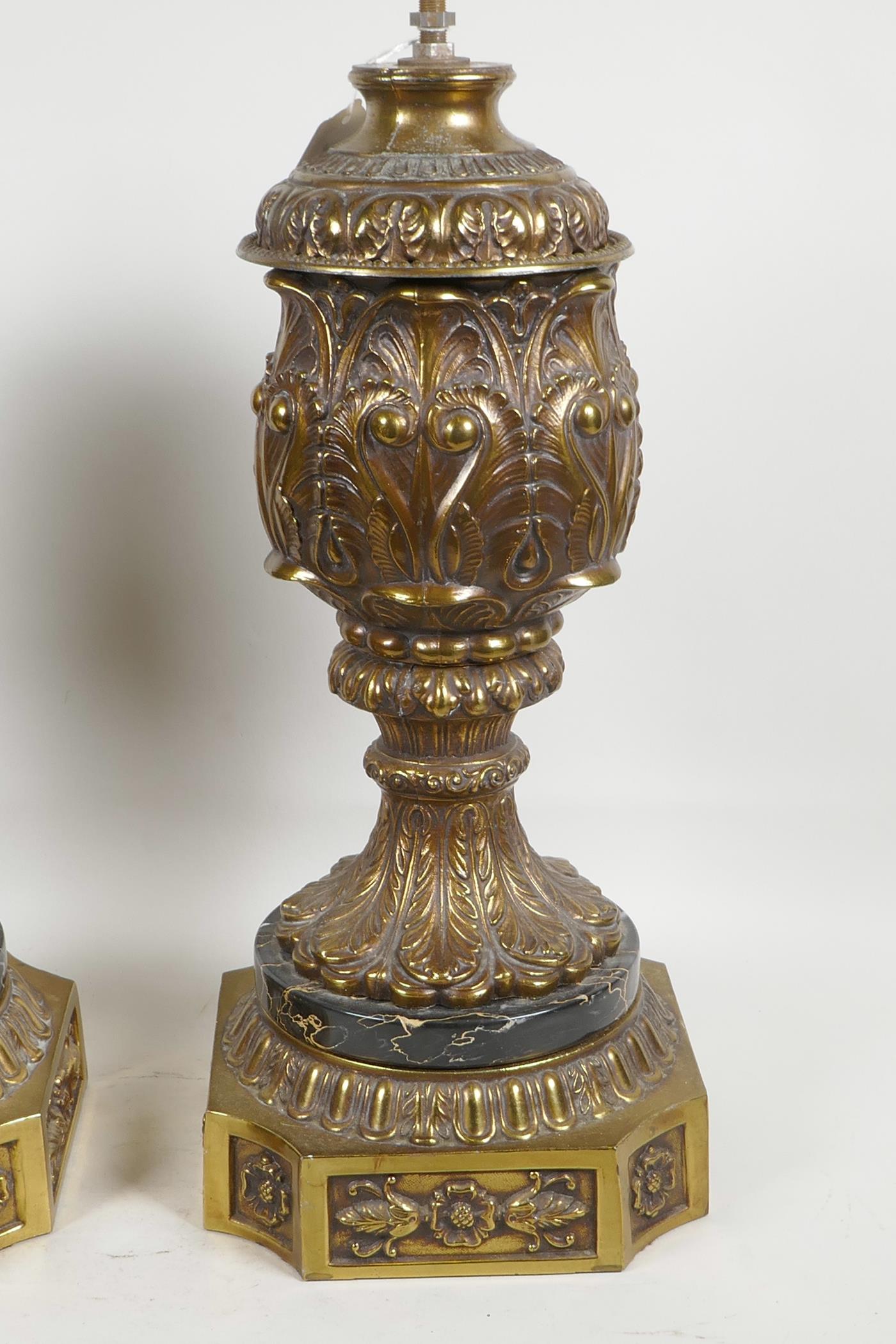 A pair of ornate urn shaped gilt spelter lamp bases, 17" high to top of urn - Image 3 of 4