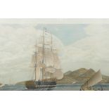A hand coloured engraving of the square rigged sailing ship 'Sir David Scott' by W.J. Huggins,