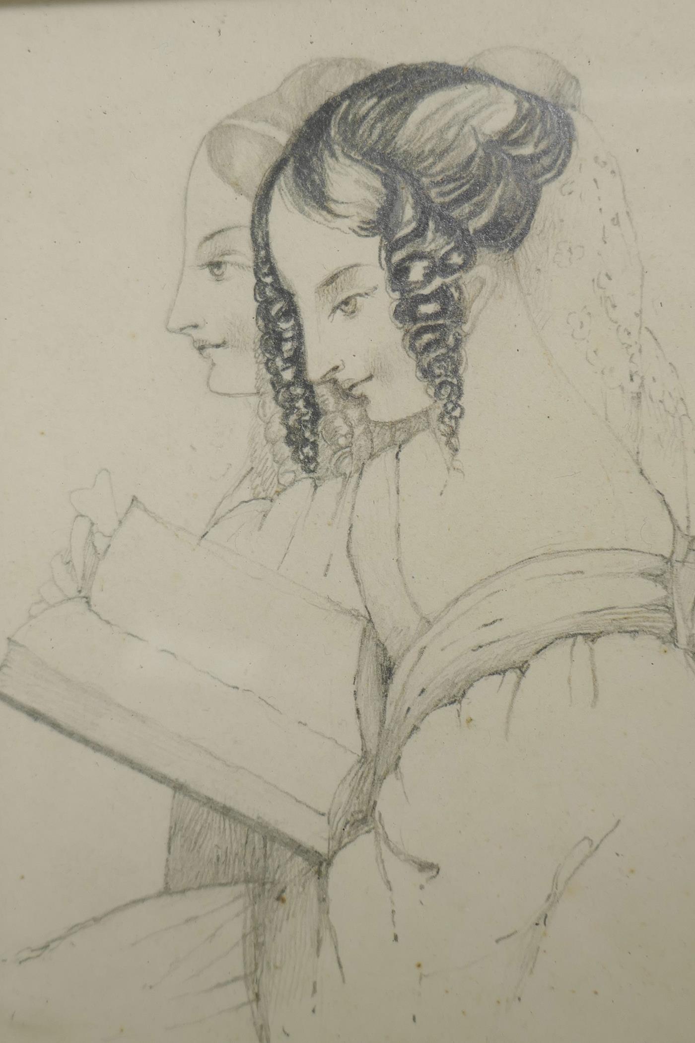 A.N. Cooper, pencil drawing of two women reading, 4" x 5", details verso