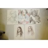 Emanuel Levy, two signed chalk drawings, portraits of young ladies together with other mixed media