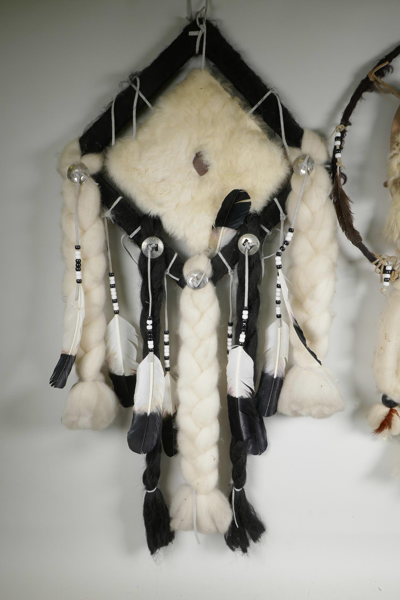 Two large North American First Nation fur, wool and feather dream catchers, largest 30" - Image 2 of 3