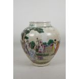 A Chinese porcelain famille verte crackle glazed jar, painted with figures in a garden scene, six