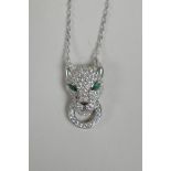 A 925 silver and cubic zirconium encrusted pendant necklace in the form of a panther, 1"