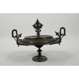 A French bronze tazza and cover with two handles, 6½" diameter x 7" high