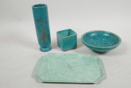 Four pieces of Swedish studio pottery, having mottled green glaze with applied silver decoration,