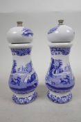 A pair of Spode Blue Italian salt and pepper mill grinders, stamped to base, 7" high x 3" wide