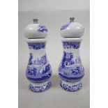 A pair of Spode Blue Italian salt and pepper mill grinders, stamped to base, 7" high x 3" wide