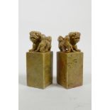 A pair of Chinese soapstone seals with carved fo dog knops, one seal blank, 4½" high