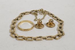A 9ct gold chain link bracelet, 6" long, an 18ct gold wedding band, 1.6g, and a pair of 9ct gold