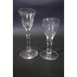 A heavy Georgian cut glass cordial glass with engraved conical bowl and faceted stem (chip to foot),