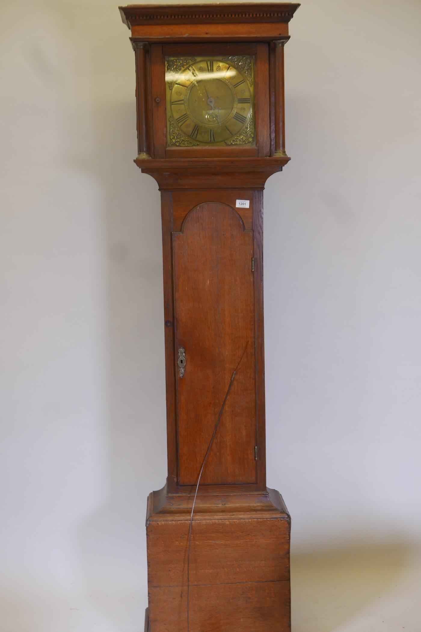 A C18th oak long case clock, the brass dial with engraved chapter ring and enamelled Roman numerals, - Image 2 of 6