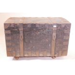 A C19th pine and iron strapped travelling chest, 39" x 22" x 22"