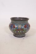 A Chinese bronze pot with lobed sides and cloisonne decoration, 4" high