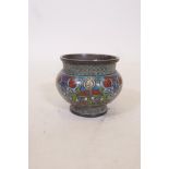 A Chinese bronze pot with lobed sides and cloisonne decoration, 4" high