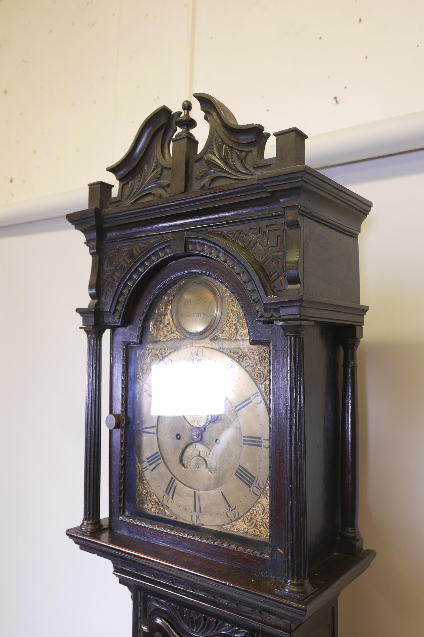 An C18th eight day long case clock with carved decoration, the brass dial with gilt spandrels, the - Image 3 of 7