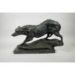 A bronze figure of a wolf, 17" long