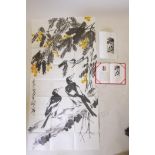 A Chinese watercolour of birds in a landscape, with associated catalogue and certificate, 27" x 53"
